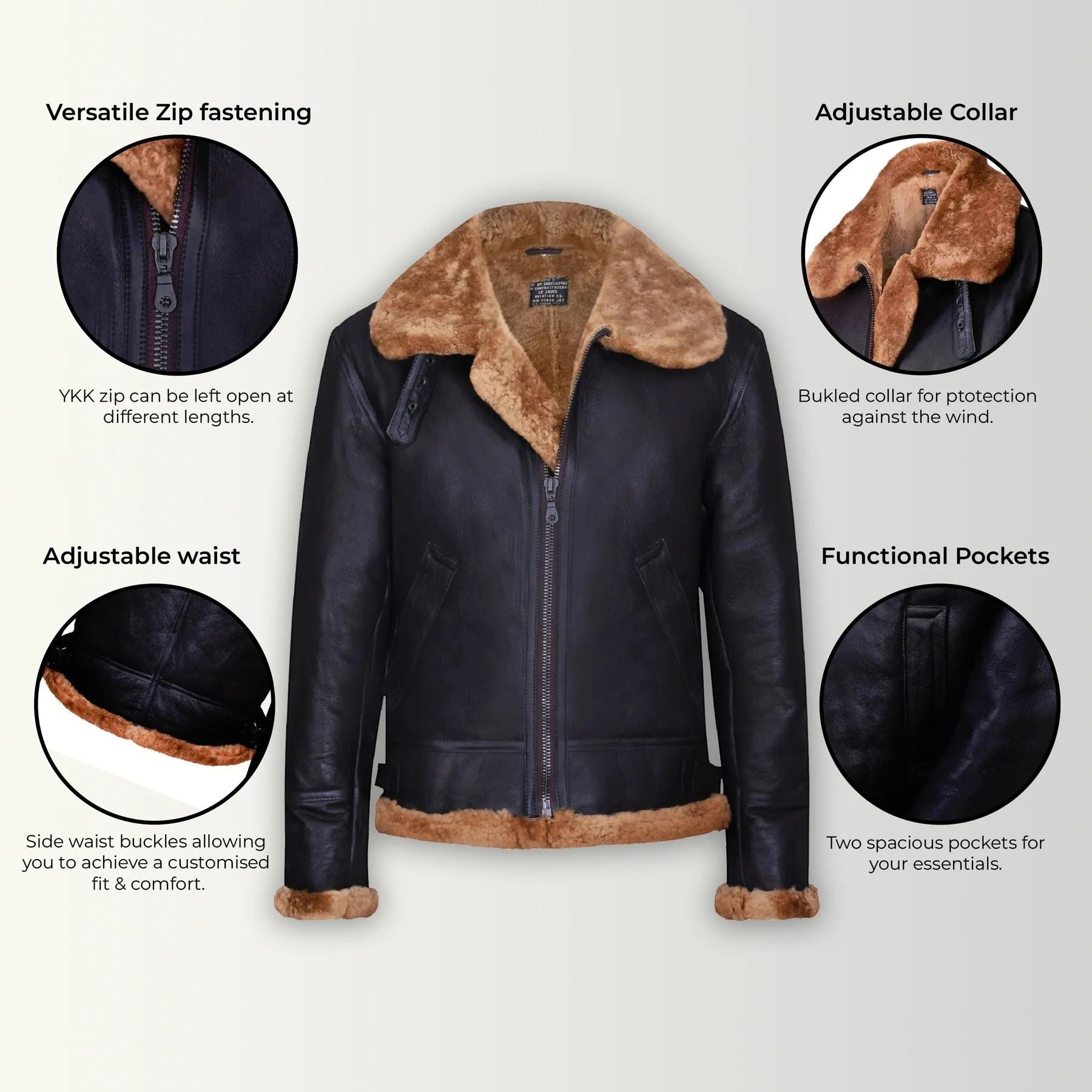 Mens Warm Sheepskin Aviator Zip-Up Flight Jacket-Harrogate