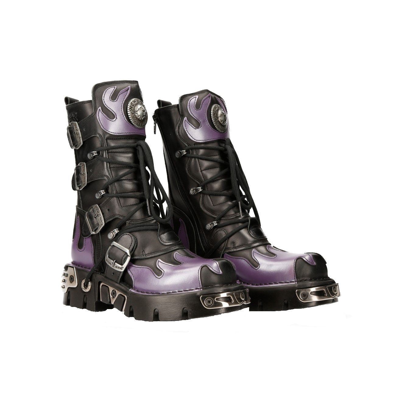 New Rock Flame Accented Black/Red Leather Biker Skull Boots- M-591-S5