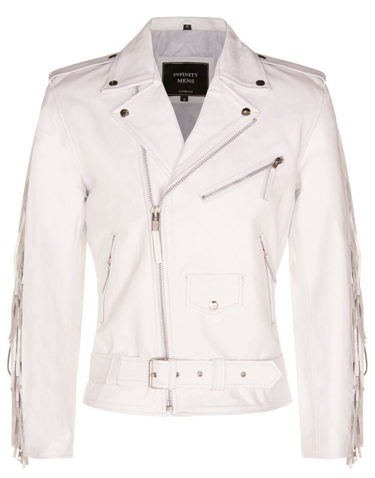 Mens Fringe Hide Leather Biker Jacket- Sevenoaks in White