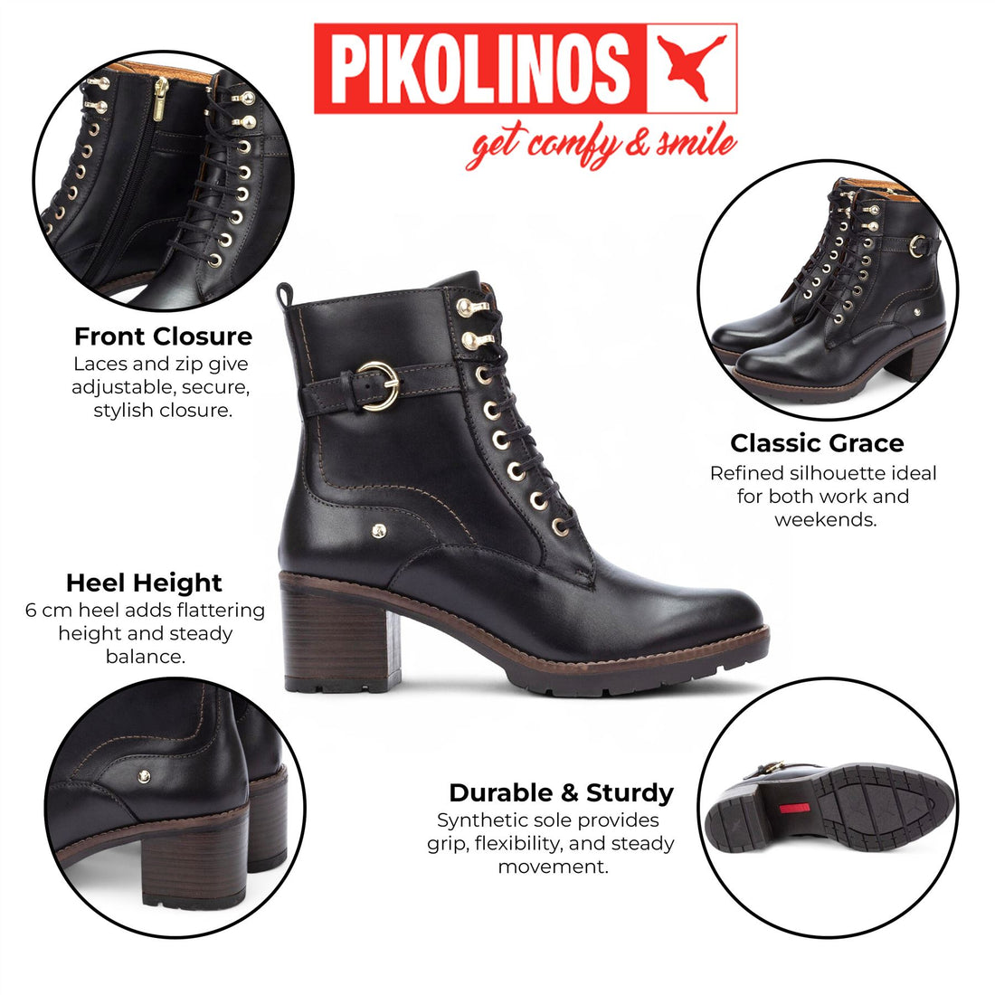 Pikolinos Women’s Black Leather Mid-Heel Combat Ankle Boots - Llanes