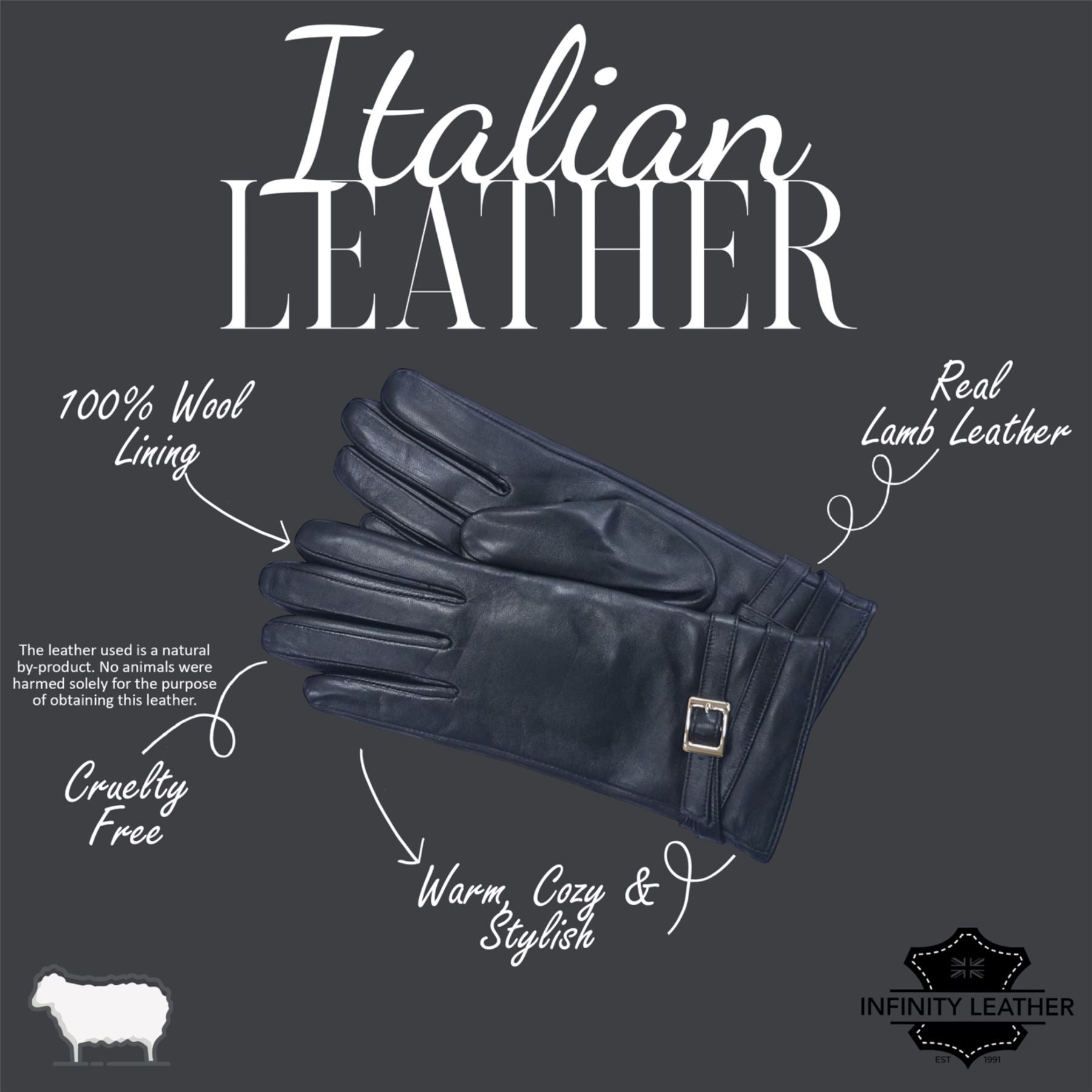 Womens Italian Leather Winter Buckle Soft Wool Lining Gloves - L-GLV-601