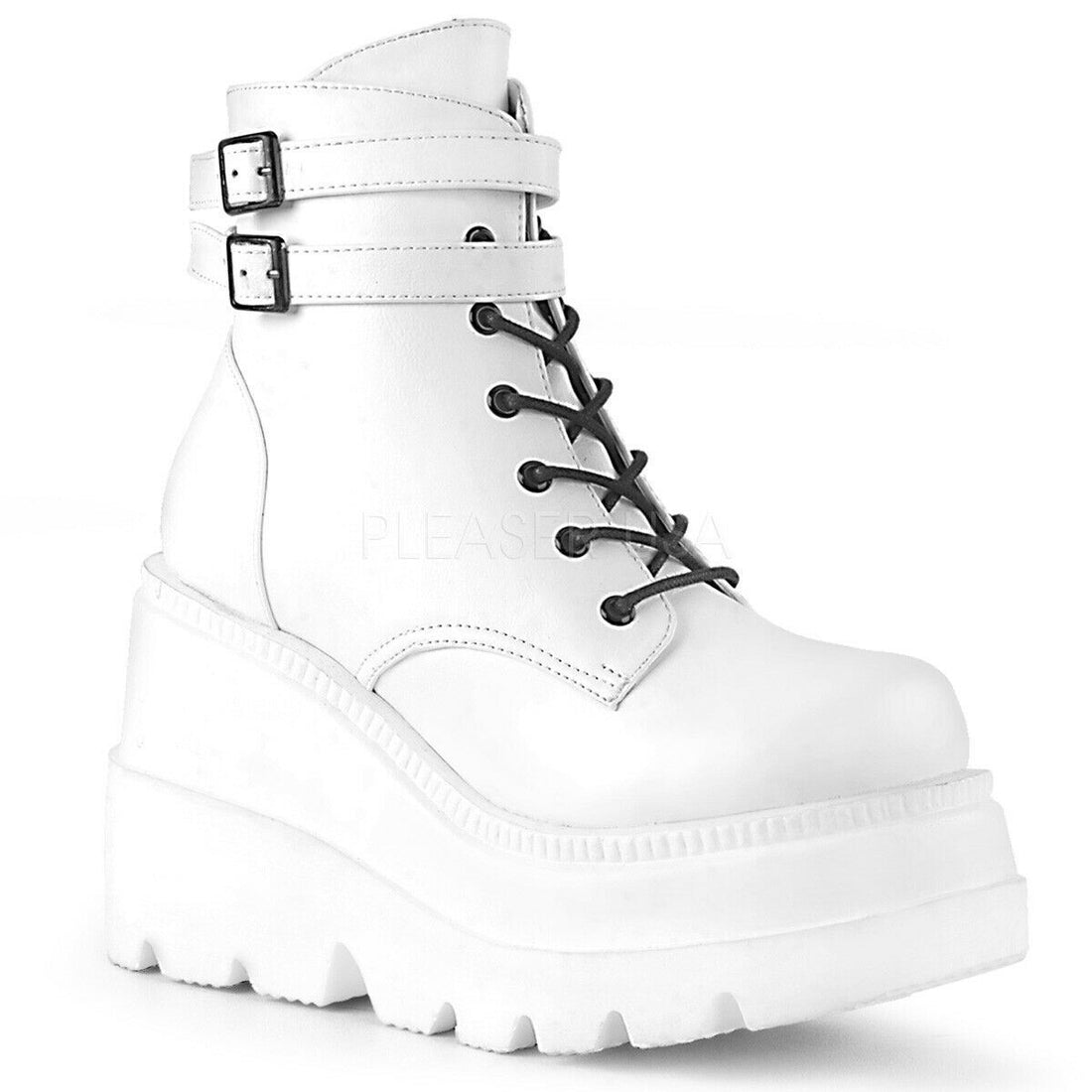 Demonia Shaker 52 White Stacked Wedge Ankle Boots - Upperclass Fashions 