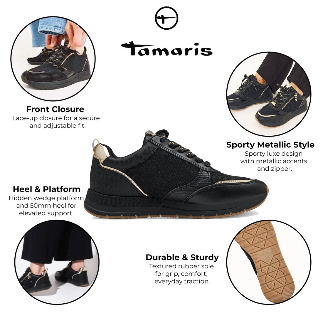 Tamaris Womens Black Gold Fashion Lace-up Zipped Sneakers Trainers