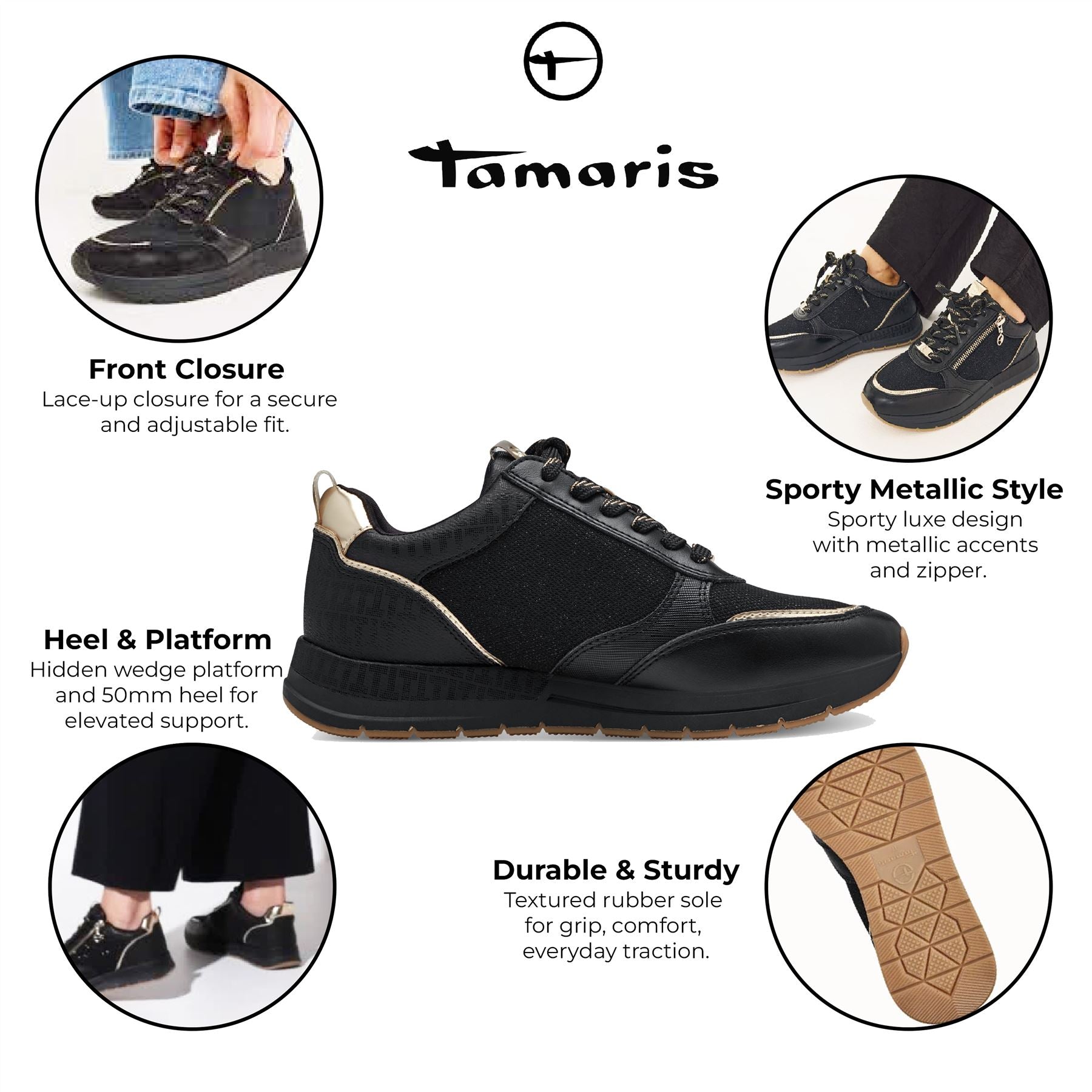 Tamaris Womens Black Gold Fashion Lace-up Zipped Sneakers Trainers
