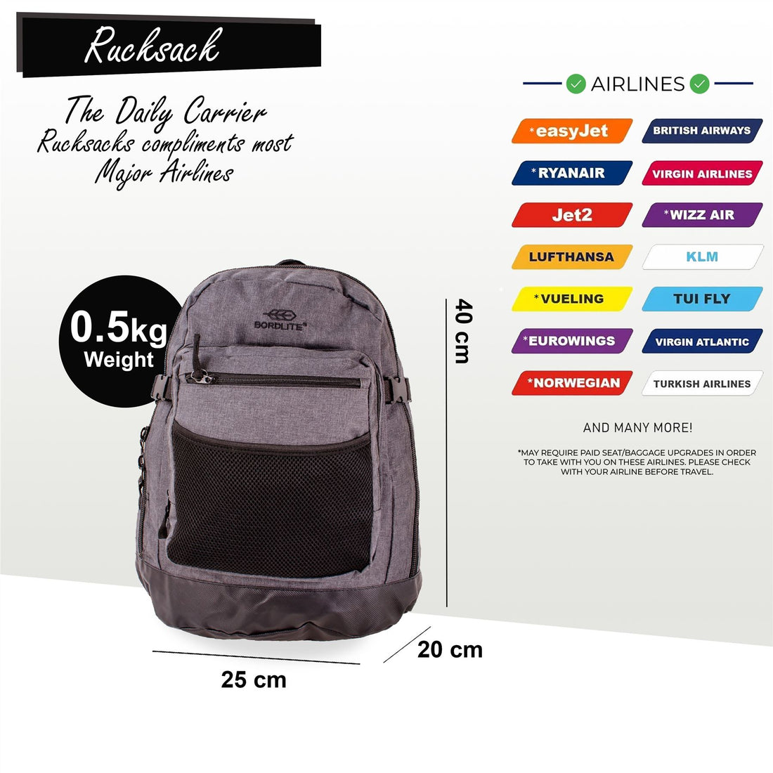 Backpack Rucksack 40x 20 x25cm Underseat Travel Cabin Bag for Ryanair, Easy Jet Black