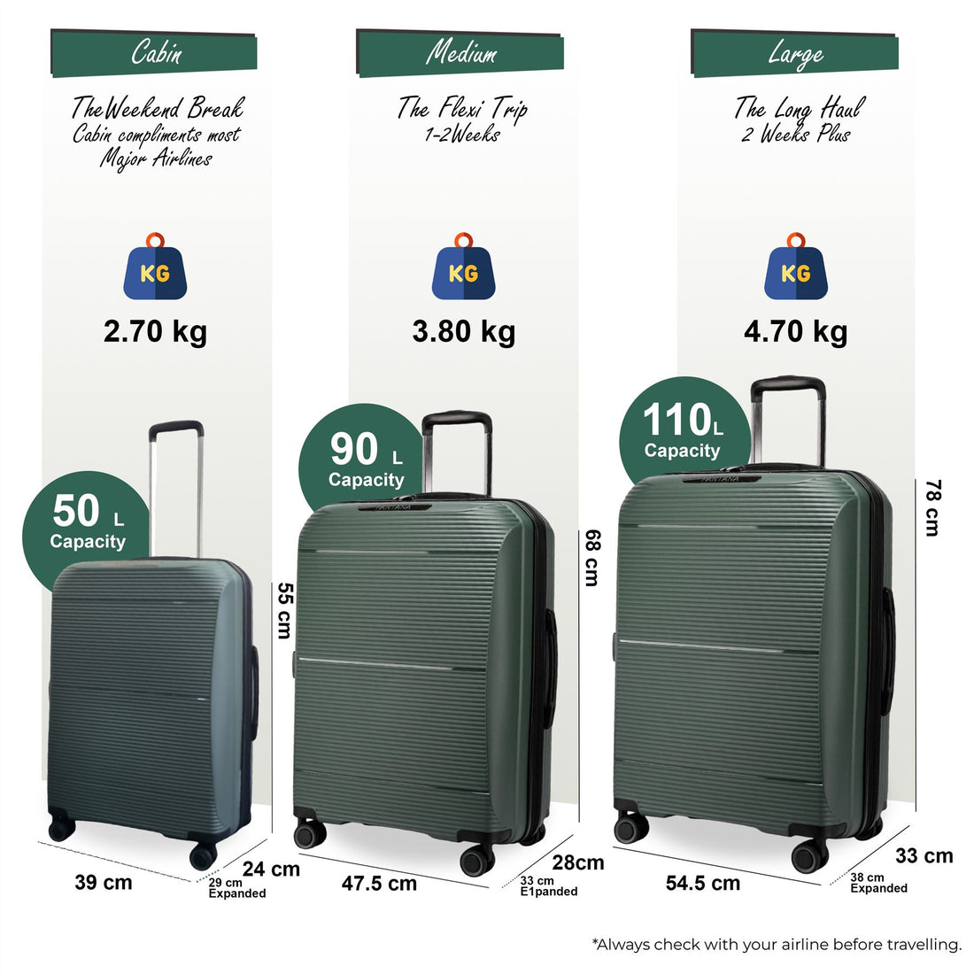 Abiko Set of 3 Hard Shell Suitcase in Olive