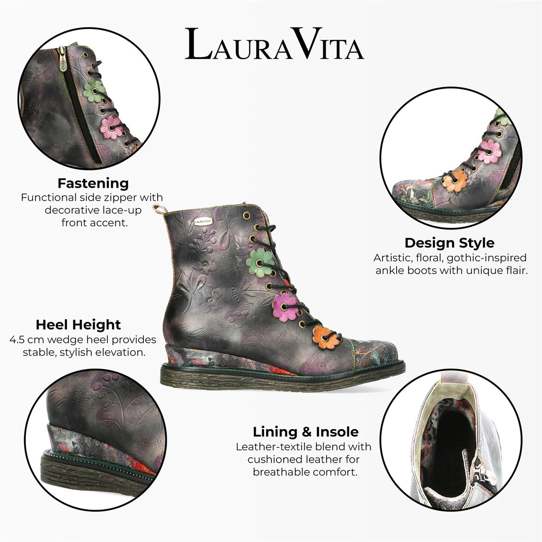 Laura Vita Ercnaulto 212 Grey Floral Womens Gothic Victorian Leather Ankle Heeled Boots
