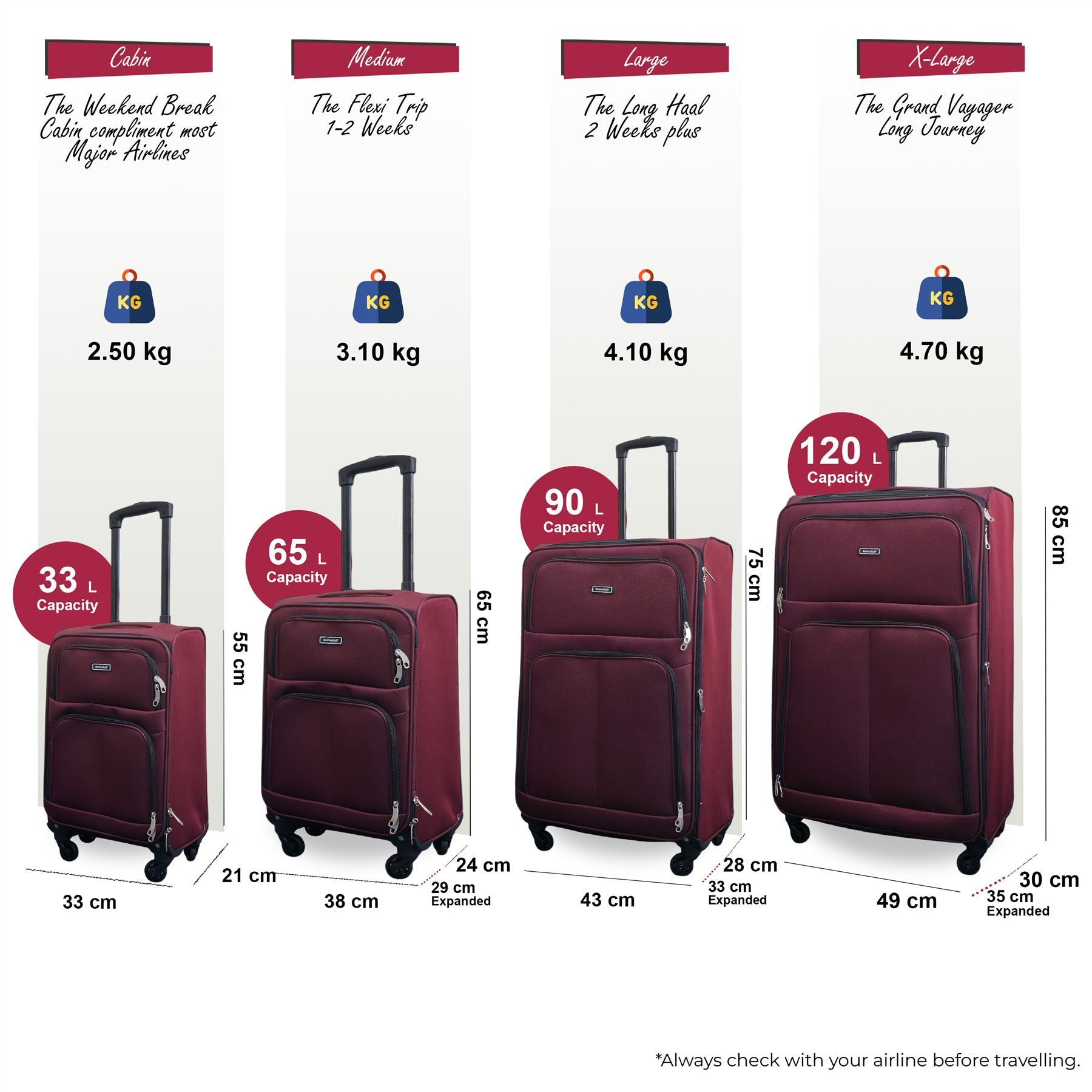 Tahara Set of 4 Soft Shell Suitcase in Wine