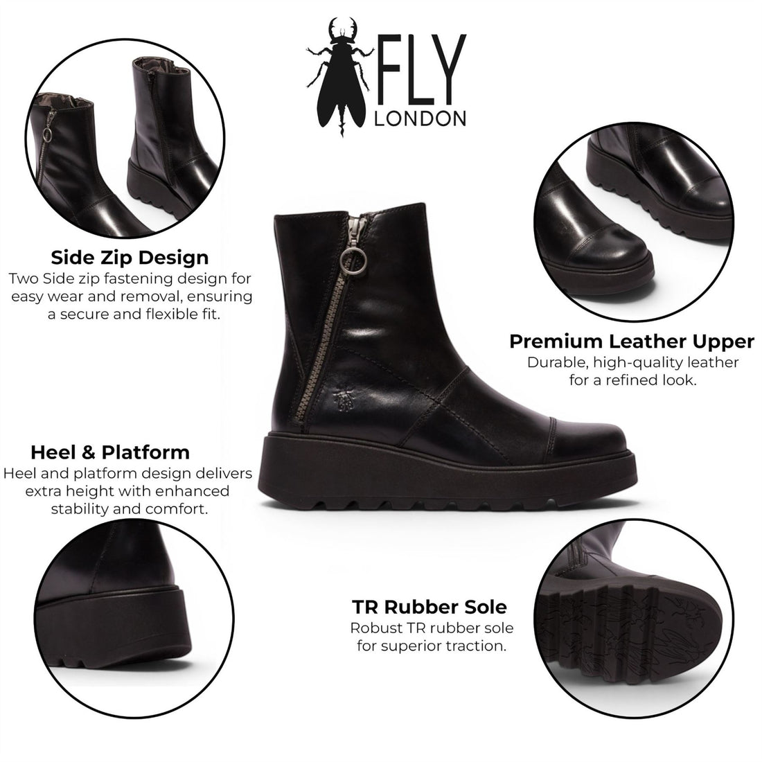 Fly London Women’s Black Leather Zip-up Platform Ankle Boots - TARP553FLY