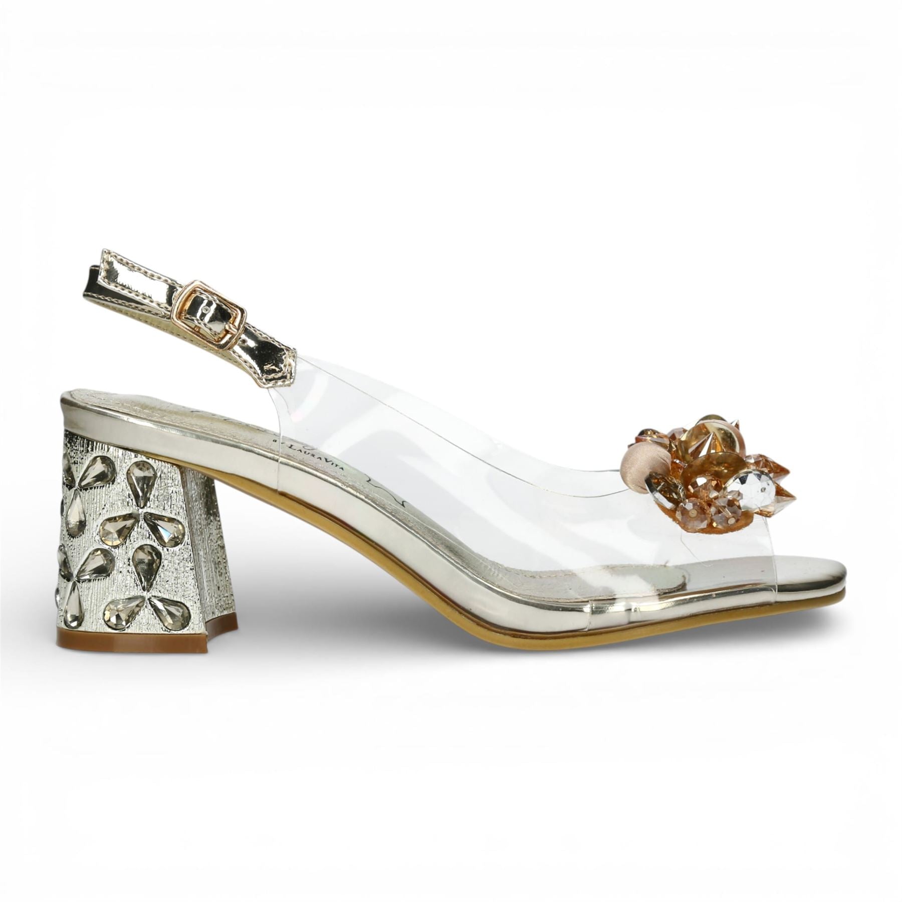 Laura Vita Women’s Clear Golden Slip-On Cinderella Block Heel Sandals - Marlene 12