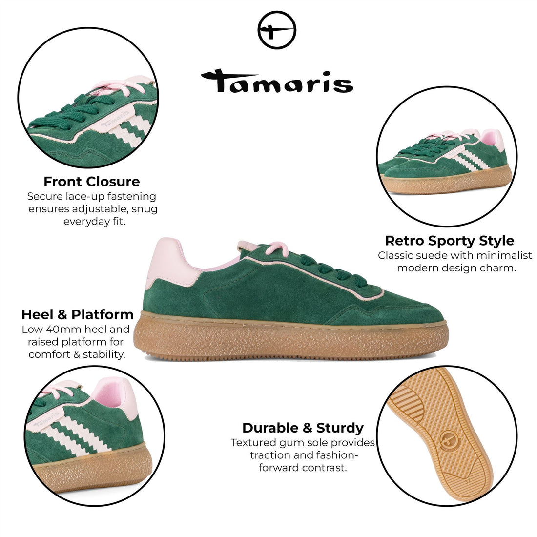 Tamaris Womens Green Pink Leather Fashion Stripe Lace Up Sneakers