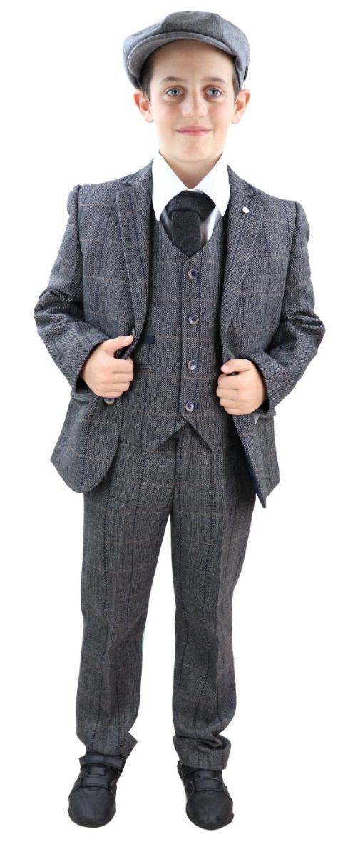 Boys 3 Piece Charcoal Grey Herringbone Tweed Check Classic Suit