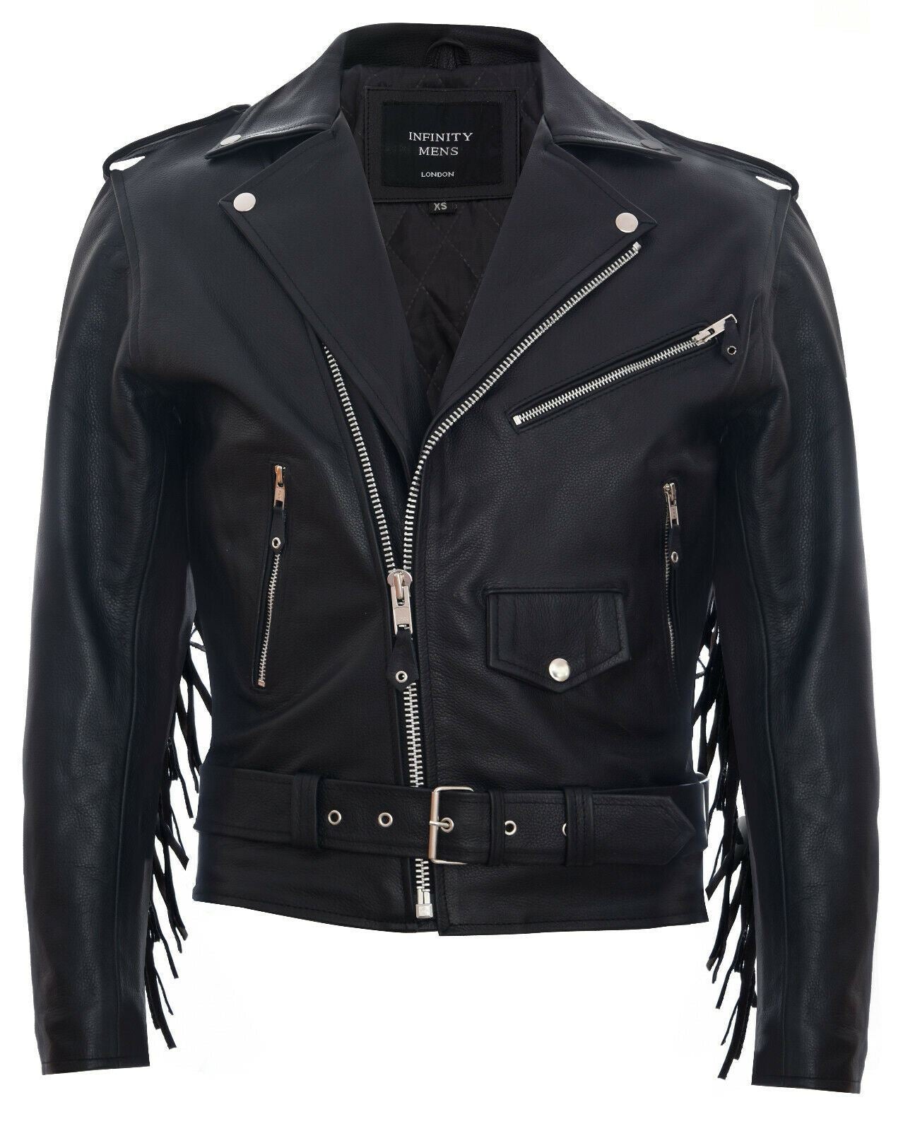 Mens Fringe Hide Leather Biker Jacket- Sevenoaks in White