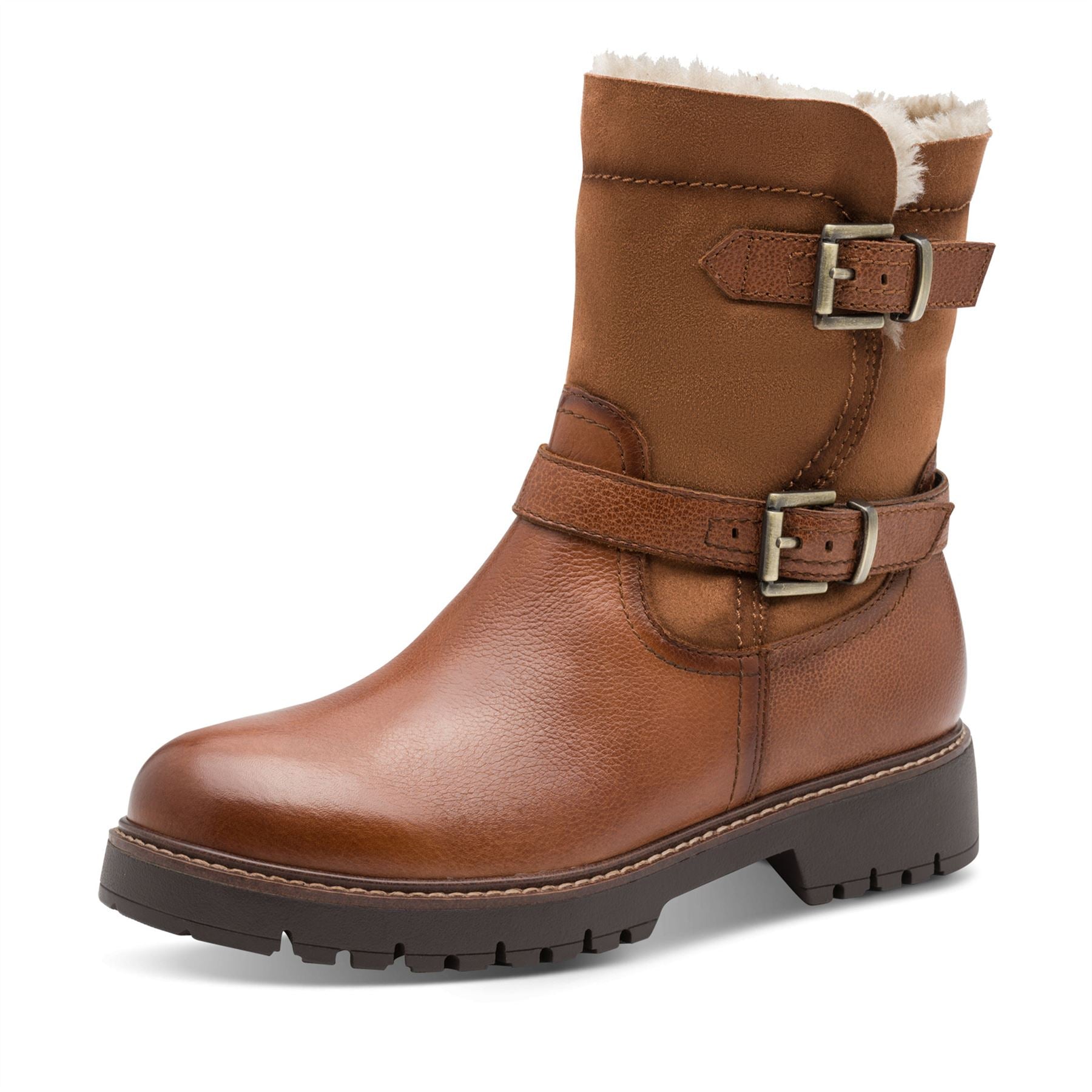 Tamaris Womens Winter Cognac Tan Brown Leather Buckle Zip Biker Ankle Boots