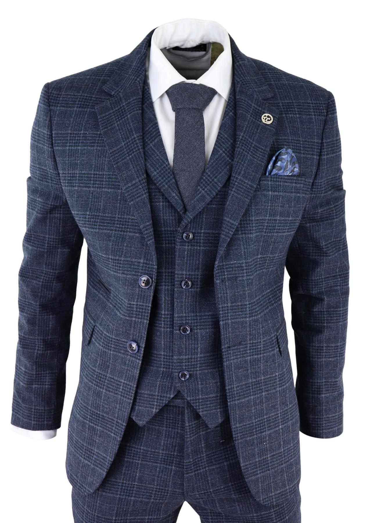 Mens Blue Check 3 Piece Tweed Suit Peaky Blinders 1920s Gatsby Tailored Fit
