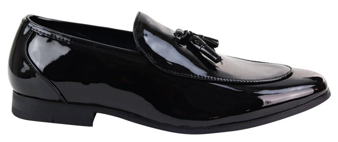 Mens Tasselled Black Patent Leather Slip on Loafers - Upperclass Fashions 