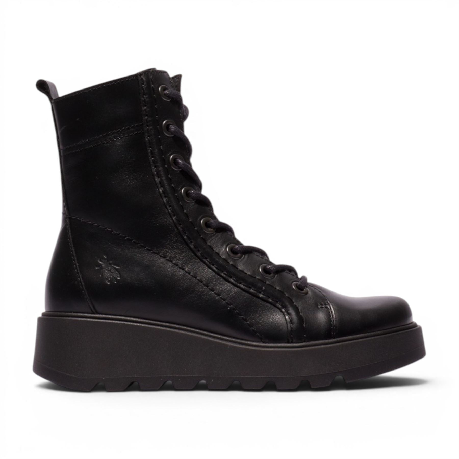Fly London Womens Black Leather Lace-Up Wedge Heel Combat Boots - TERY554