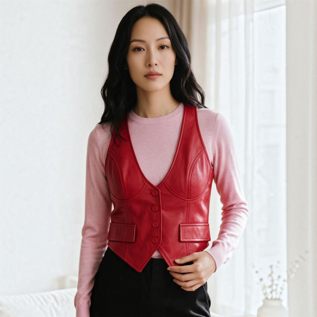 Womens Red Leather Waistcoat Biker Vest - MAM-WC