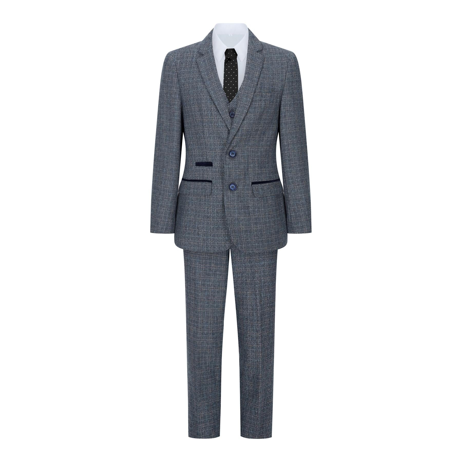 Boys 3 Piece Blue Tweed Check Vintage Retro Suit