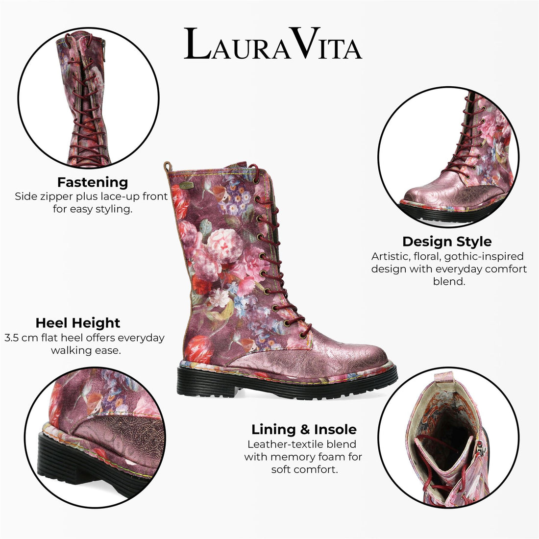 Laura Vita Incaso-18 Burgundy Floral Womens Gothic Victorian Leather High Boots
