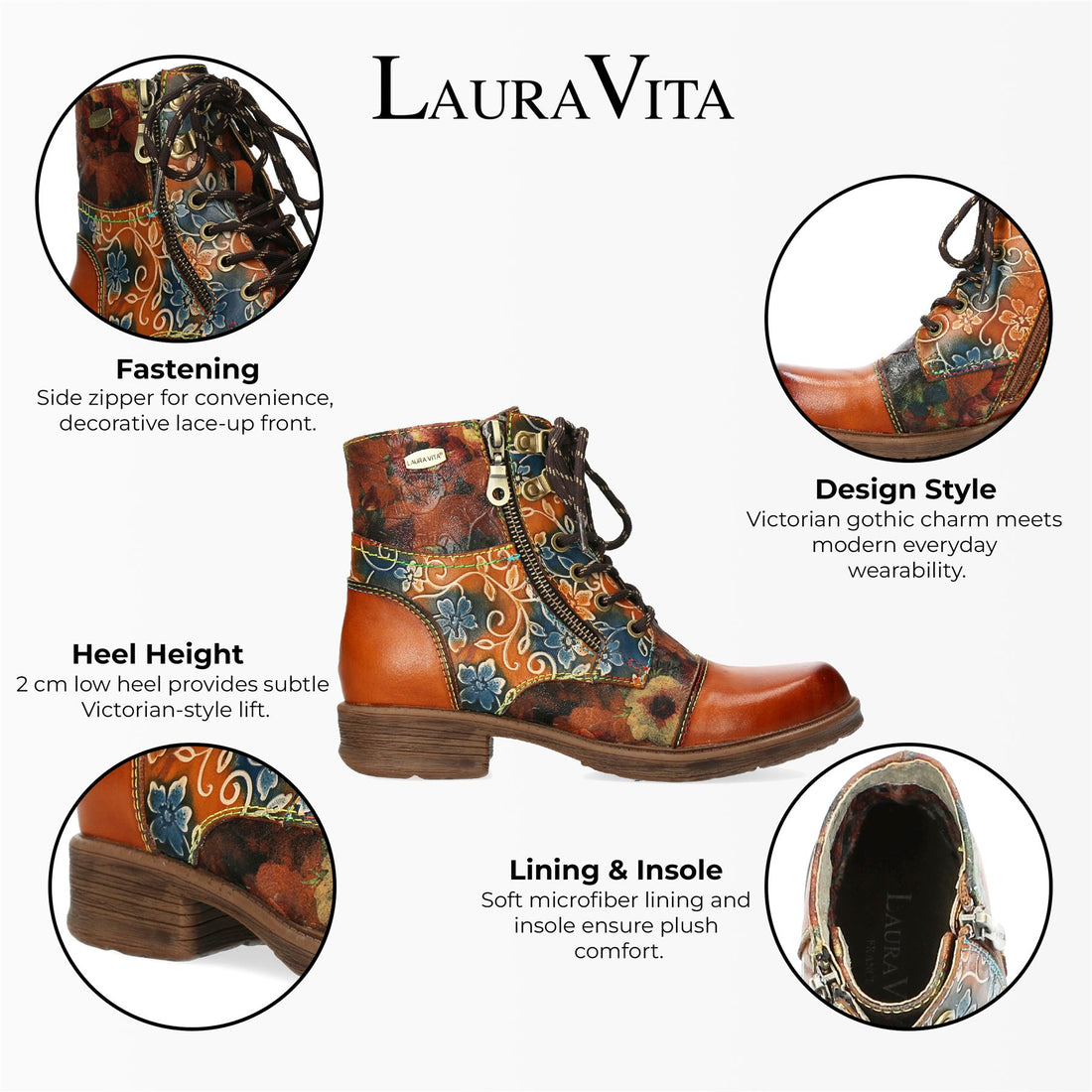 Laura Vita Anita 006 Camel Brown Floral Womens Gothic Victorian Leather Ankle Boots