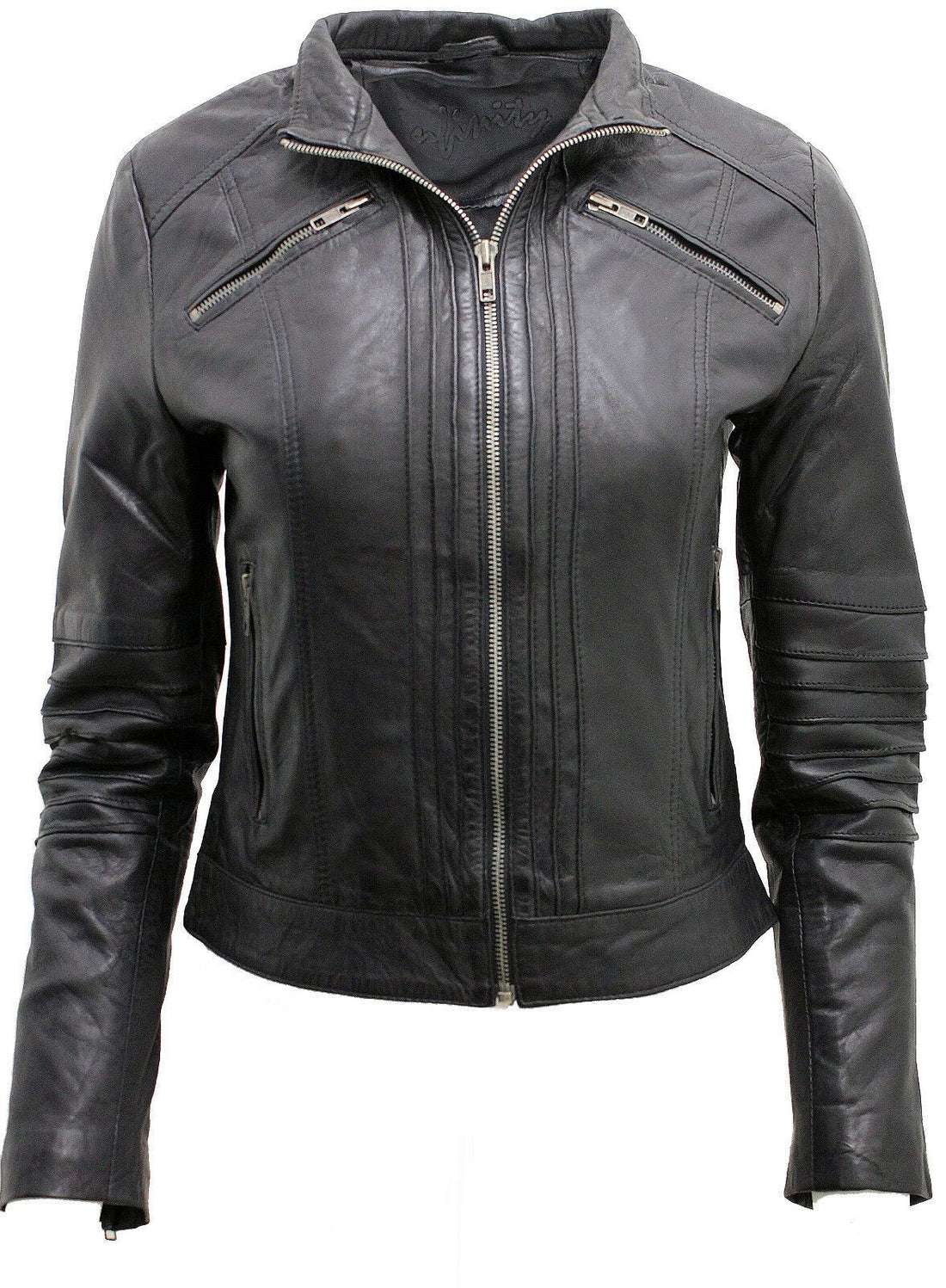 Womens Pleated Design Leather Biker Jacket-Middleham - Upperclass Fashions 