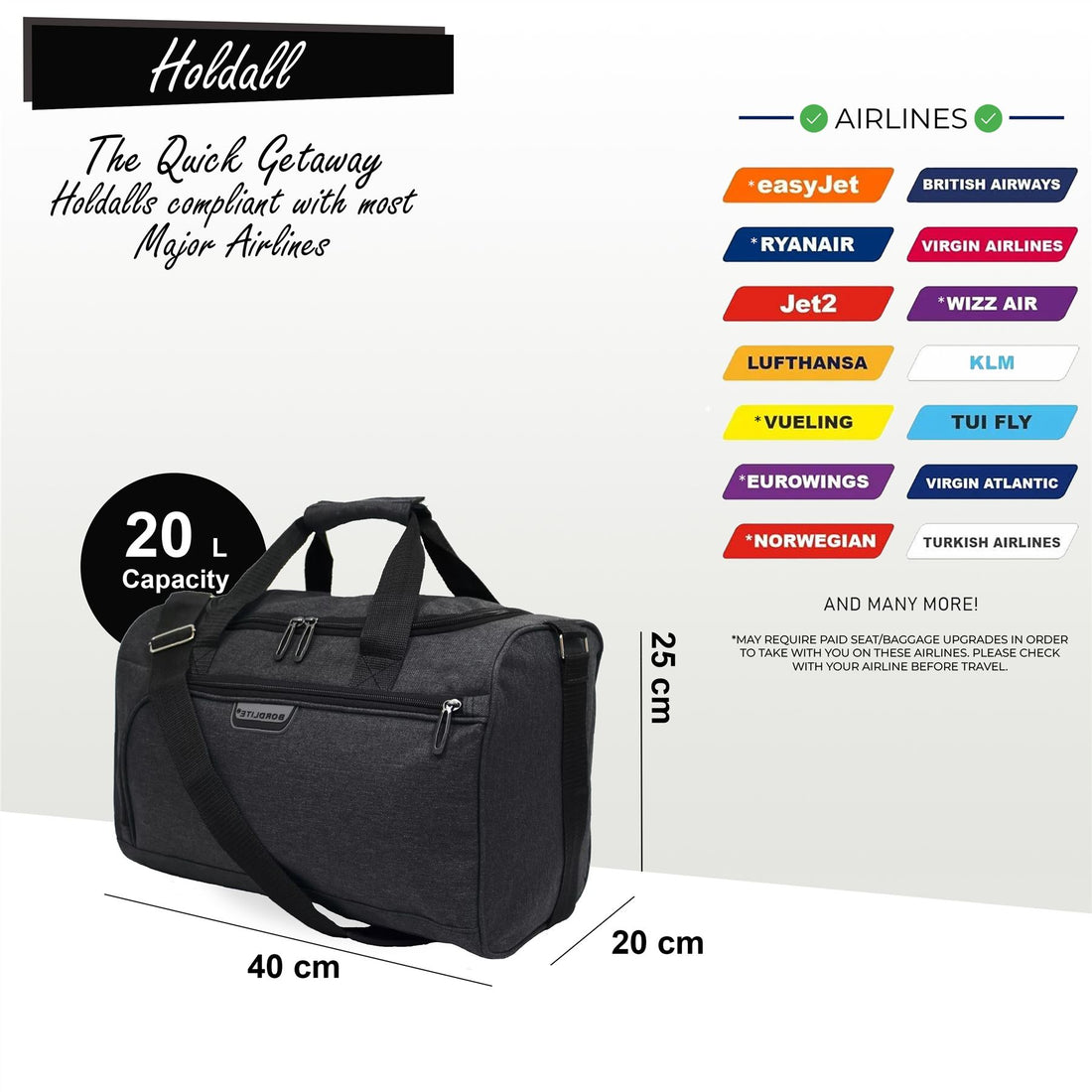 Holdall Carry On 40x 20 x25cm Under-seat Travel Cabin Bag for Ryanair, Easy Jet Black
