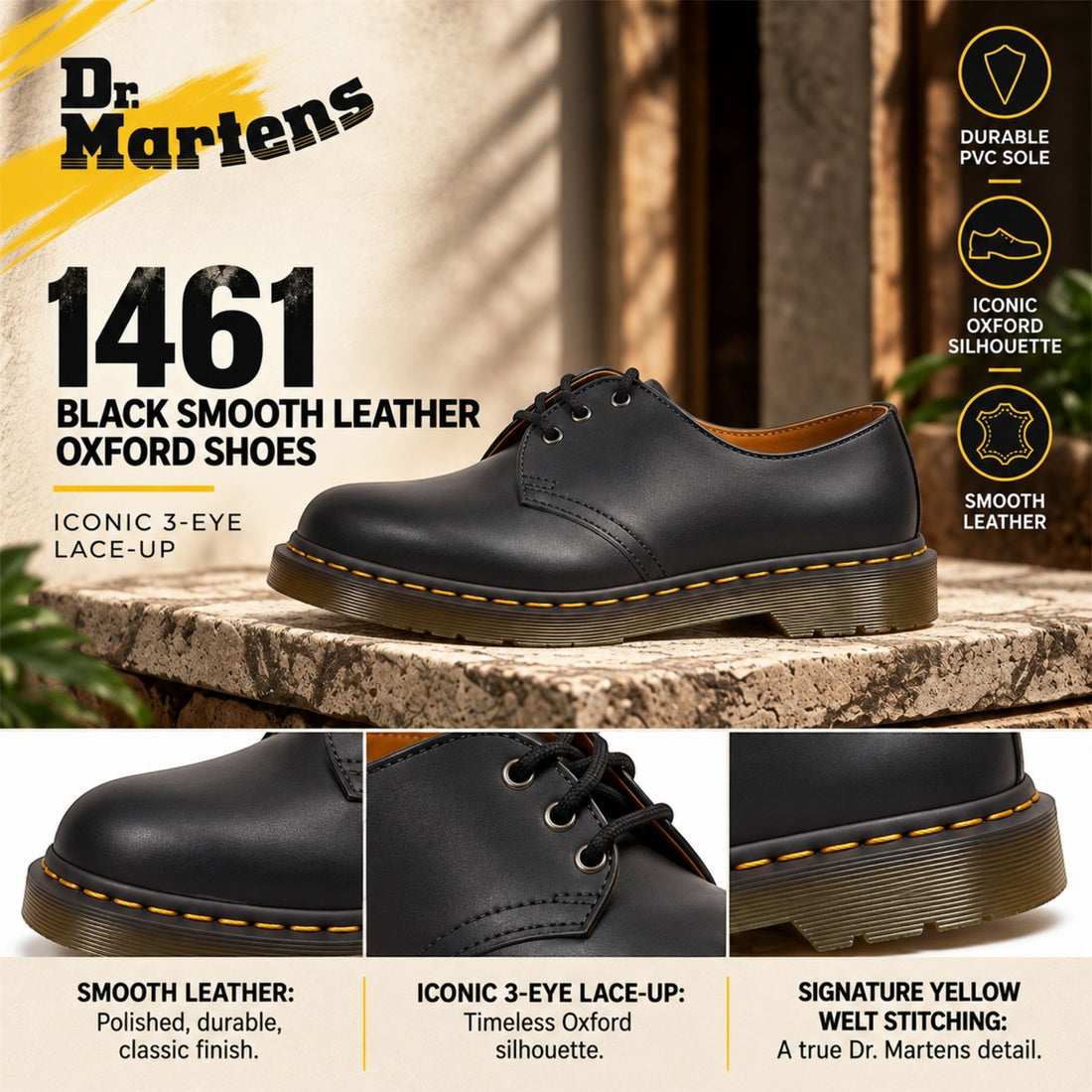 Dr Martens 1461 Black Nappa Leather 3-Eye Oxford Shoes - 11838001