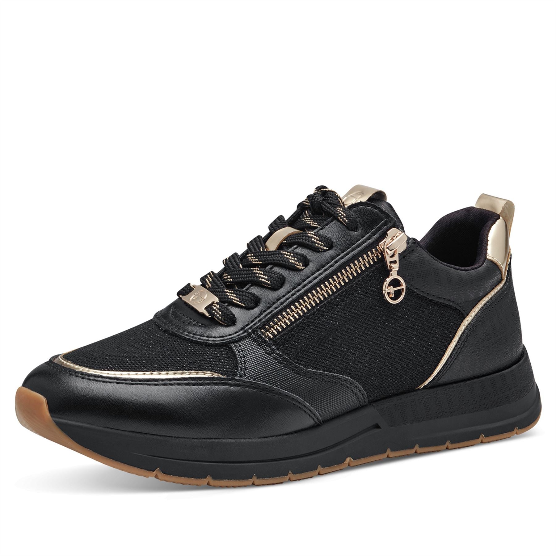 Tamaris Womens Black Gold Fashion Lace-up Zipped Sneakers Trainers