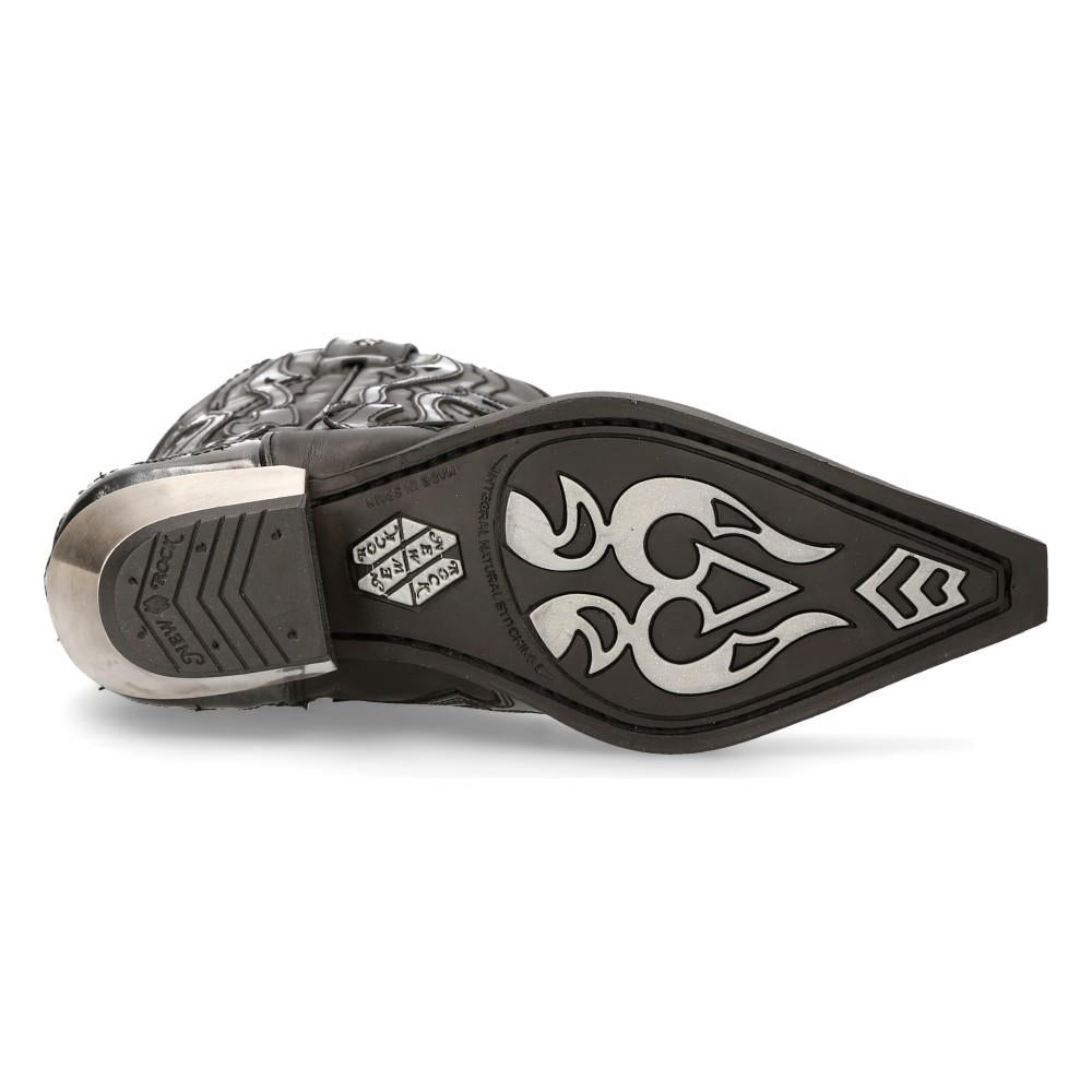 New Rock Flame Accented Black/Silver Leather Biker Cowboy Boots- M-7921-S3