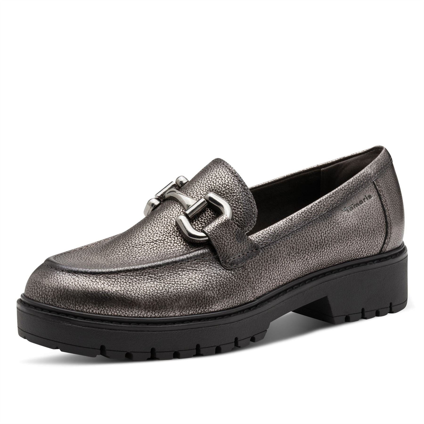 Tamaris Womens Pewter Silver Leather Loafers Slip-On Platform Shoes