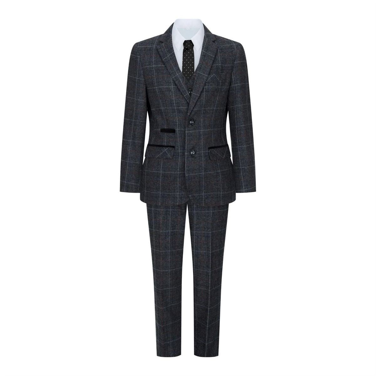 Boys 3 Piece Charcoal Grey Tweed Check Vintage Retro Suit