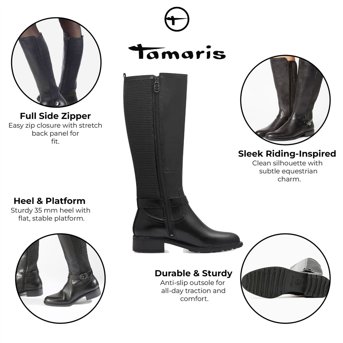 Tamaris Womens Black Leather Knee High Riding Boots