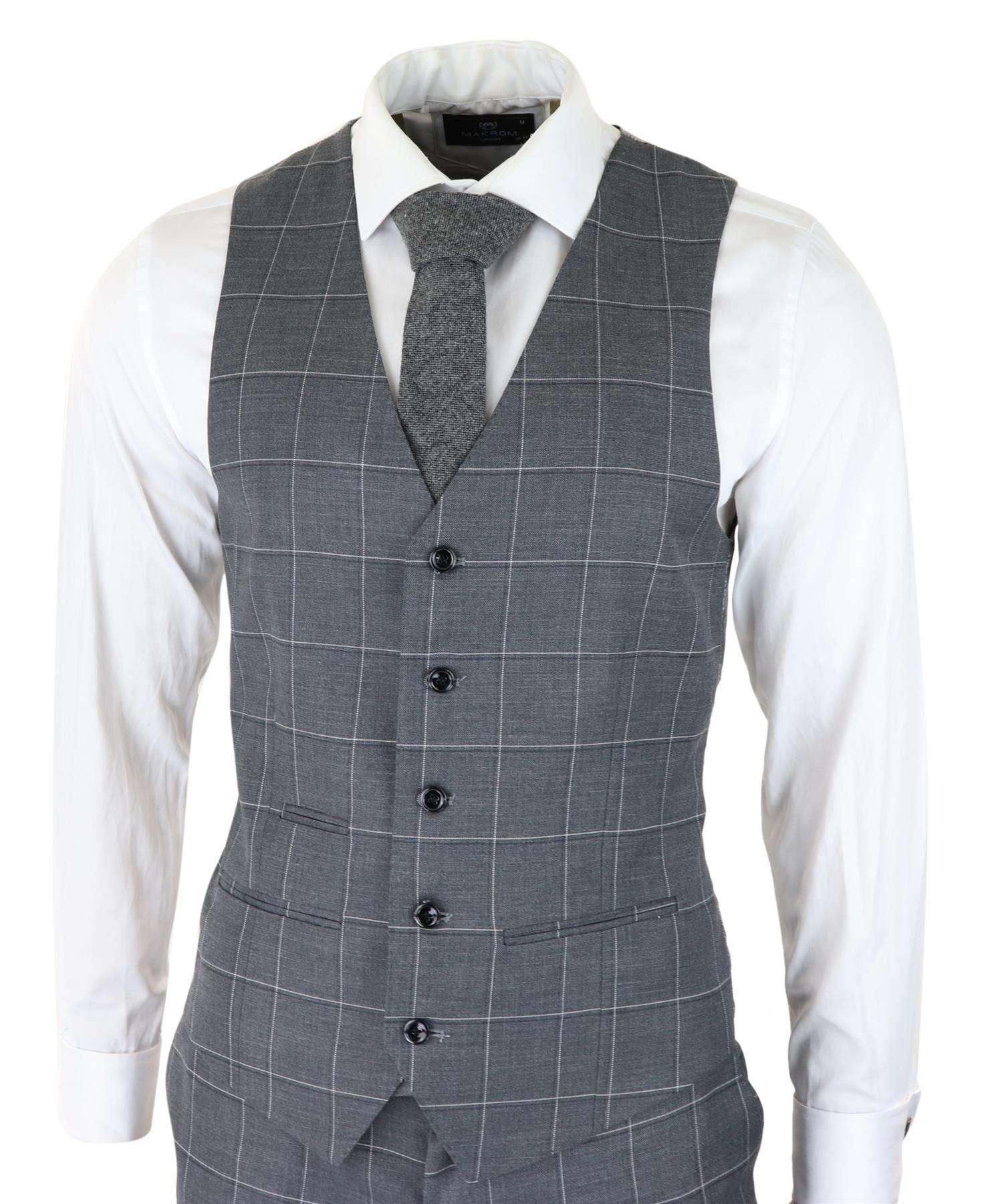Mens Grey Suit 3 Piece Check Vintage Retro Smart Wedding Classic Tailored Fit