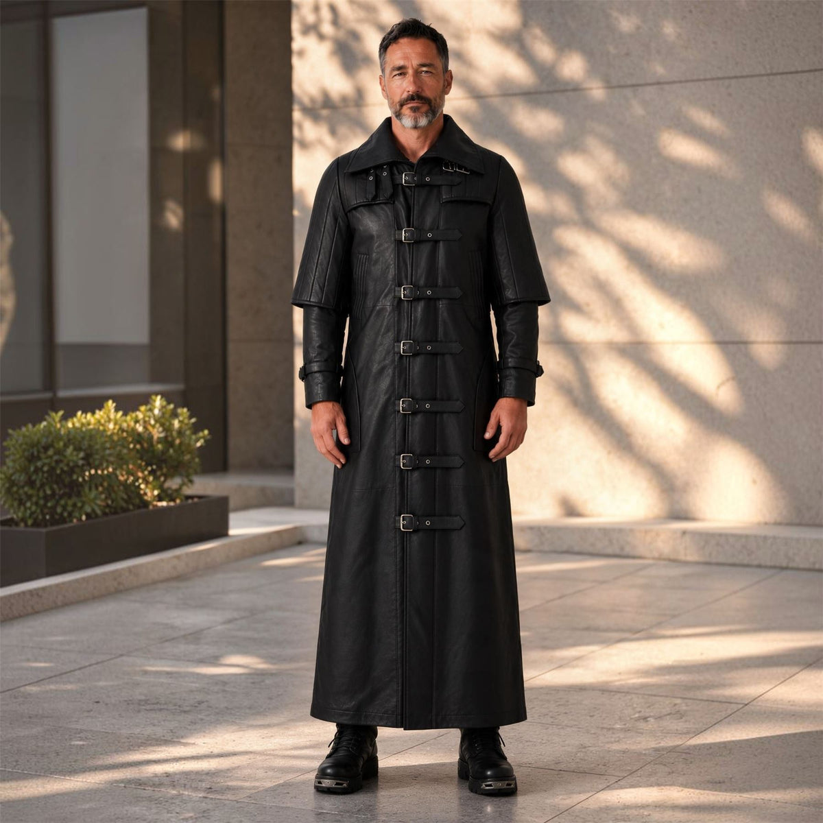 Mens Leather Full Length Buckle Gothic Long Trench Coat - Captain