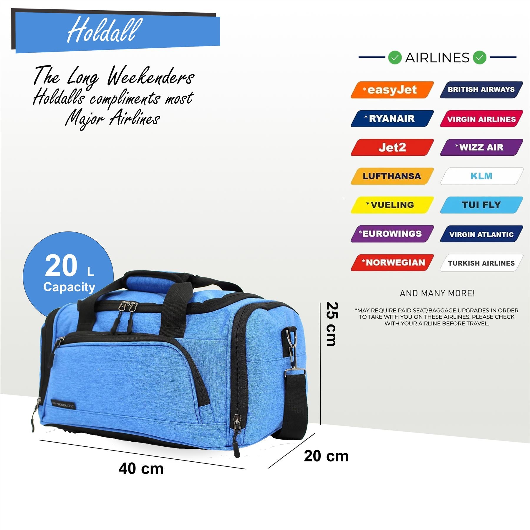 Holdall Carry On 40x 20 x25cm Under-seat Travel Duffel Bag for Ryanair, Easy Jet Teal