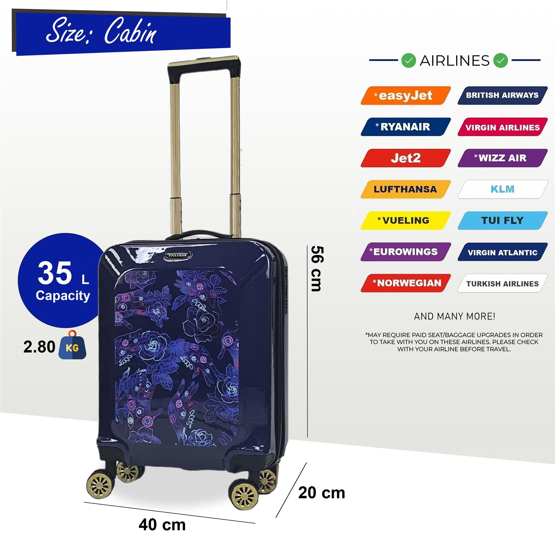 Hard Shell Cabin 4 Wheel Suitcase Flower Print Luggage