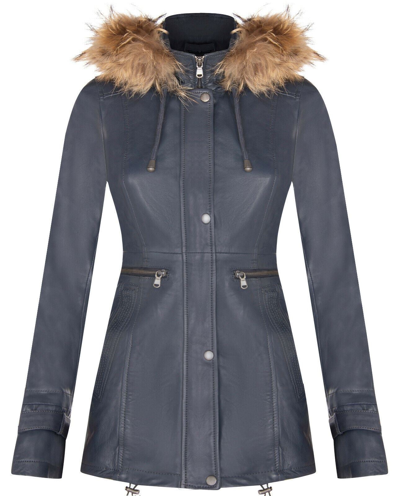 Womens Warm Leather Hooded Parka Jacket-Northwich