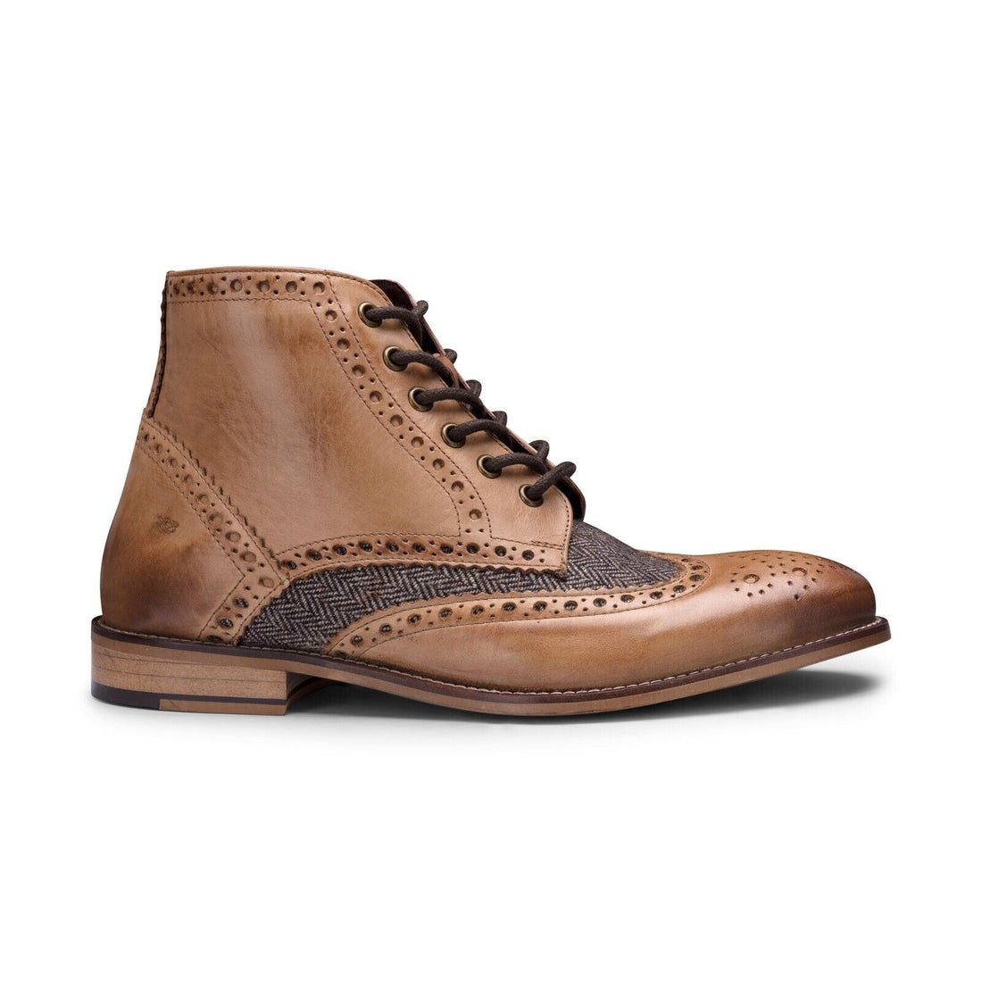 Mens Classic Oxford Tan Leather Gatsby Brogue Ankle Boots with Tweed - Upperclass Fashions 