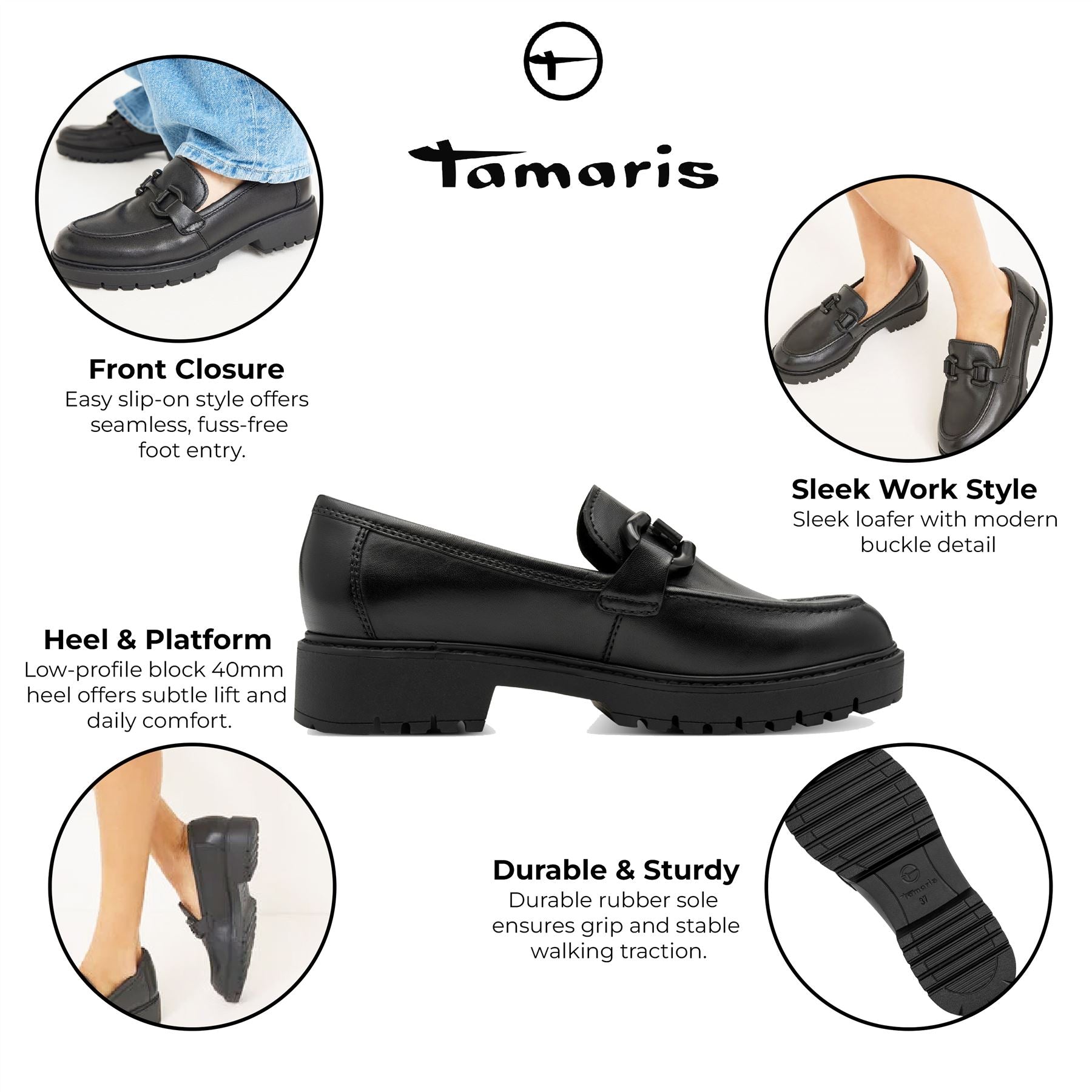 Tamaris Womens Black Leather Loafers Slip-On Platform Shoes