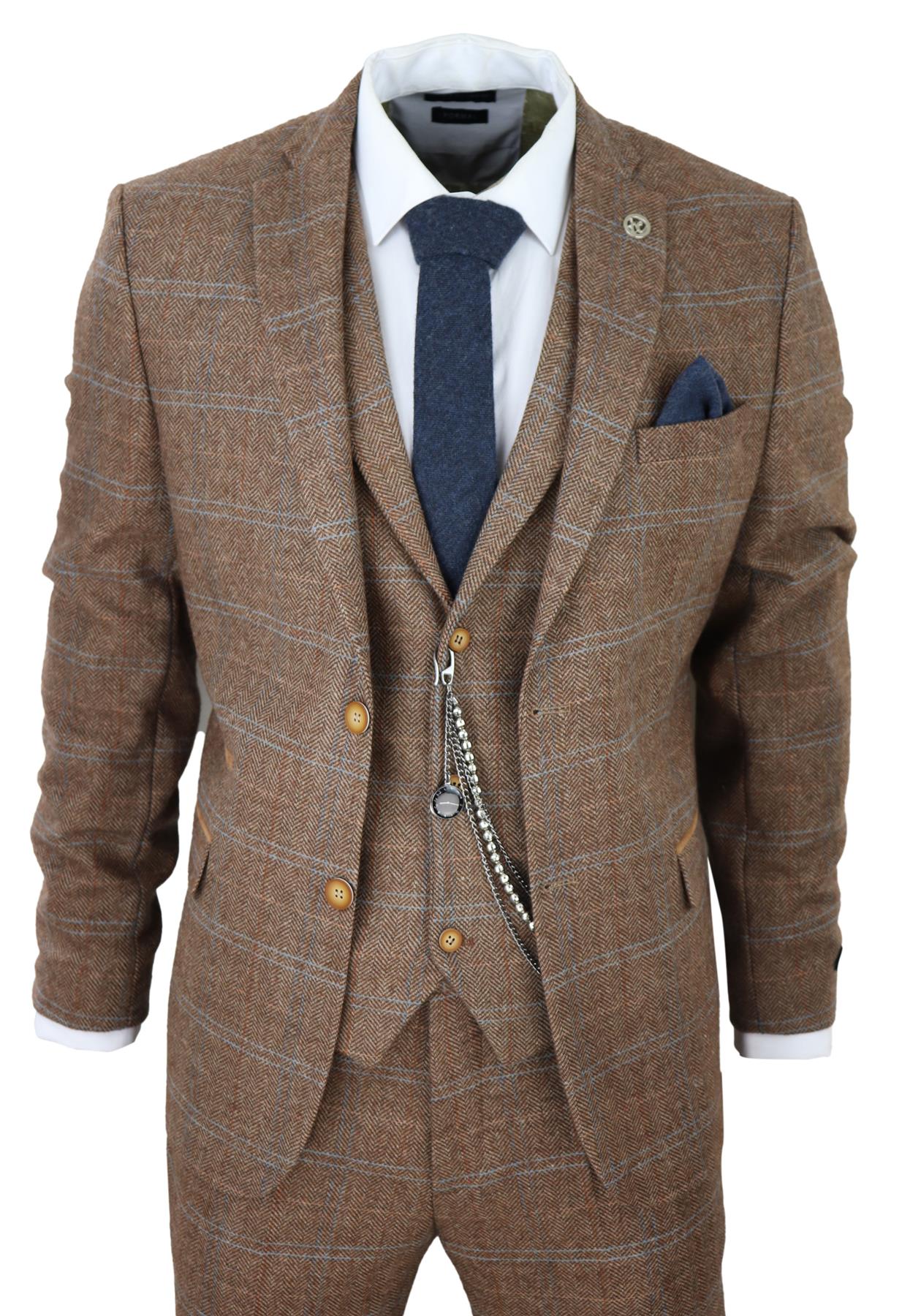 Mens 3 Piece Wool Suit Oak Brown Tweed Herringbone Check Peaky Blinders Gatsby