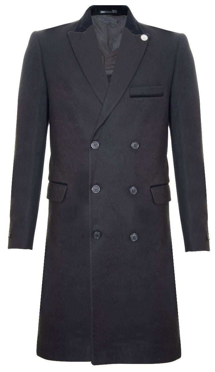 Mens 3/4 Black Long Double Breasted Crombie Overcoat Wool Coat Peaky Blinders - Upperclass Fashions 