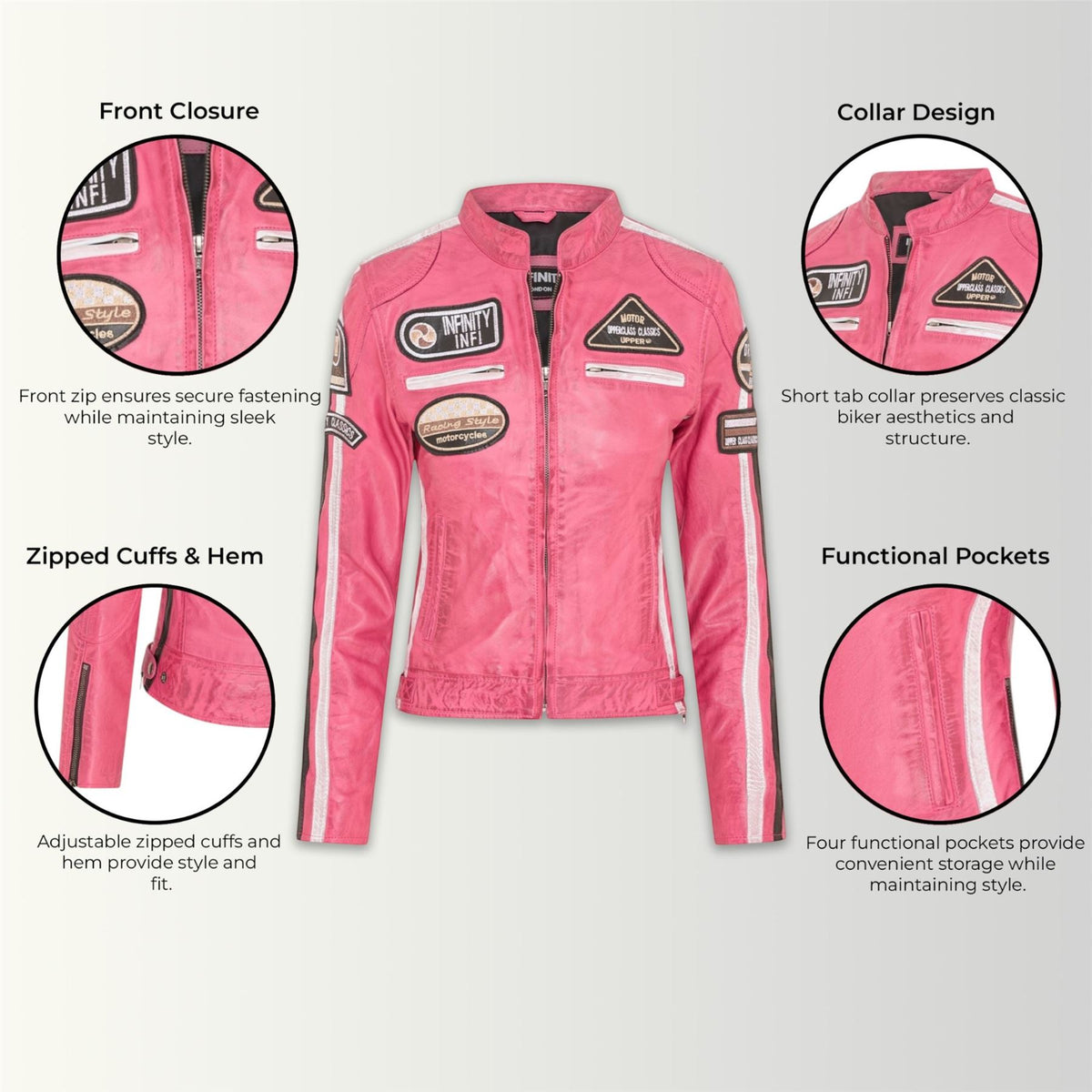 Womens Biker Racing Badges Leather Jacket-Eastleigh