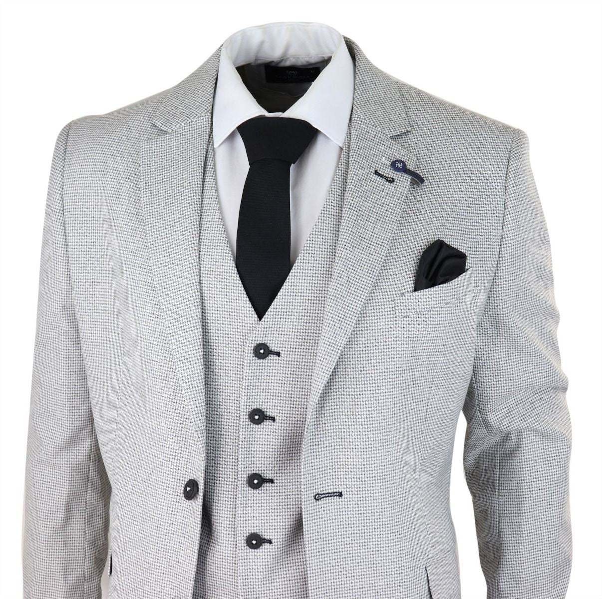 Mens 3 Piece Light Grey Check Tweed Retro Classic Suit