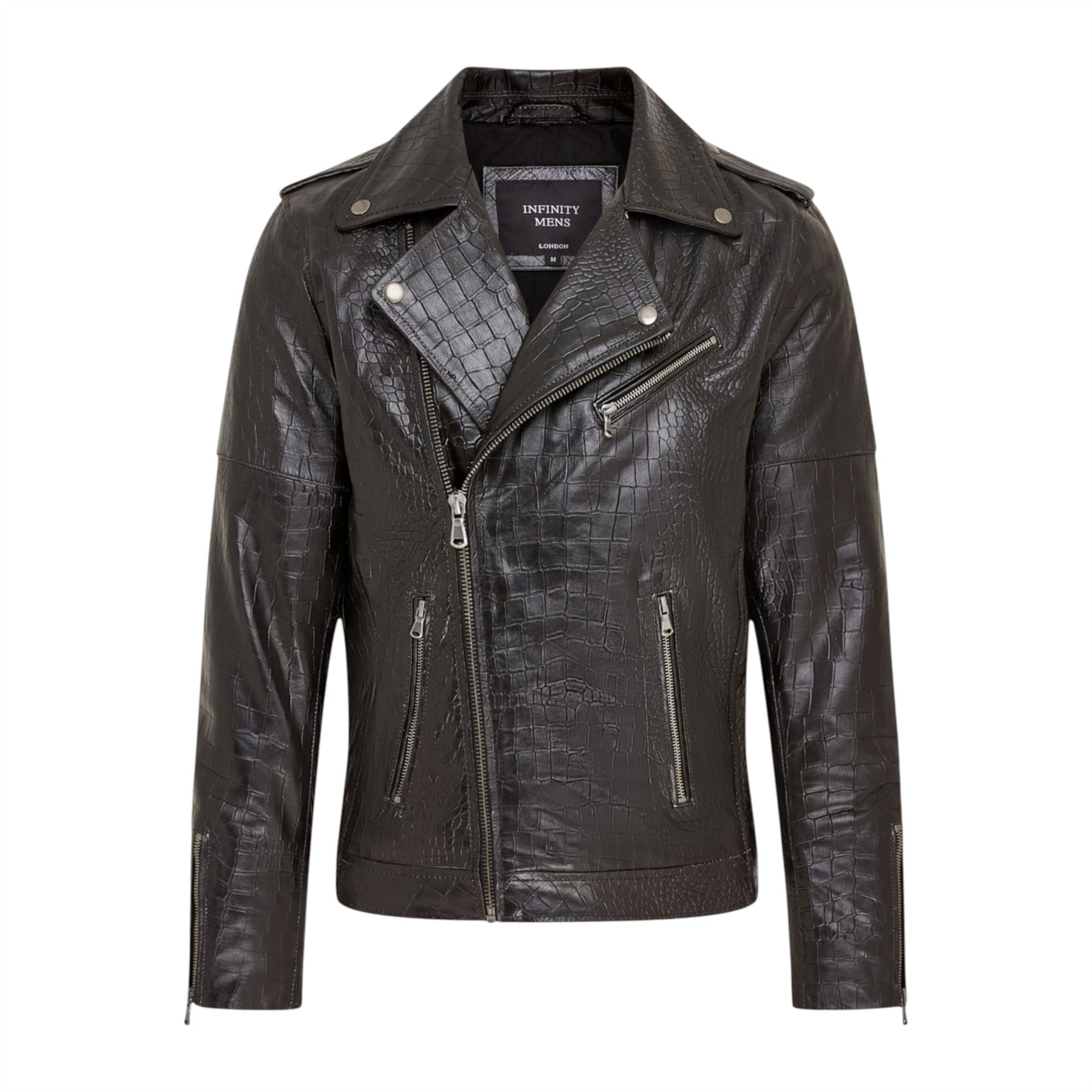 Mens Cow Leather Alligator Print Embossed Biker Jacket - Rot