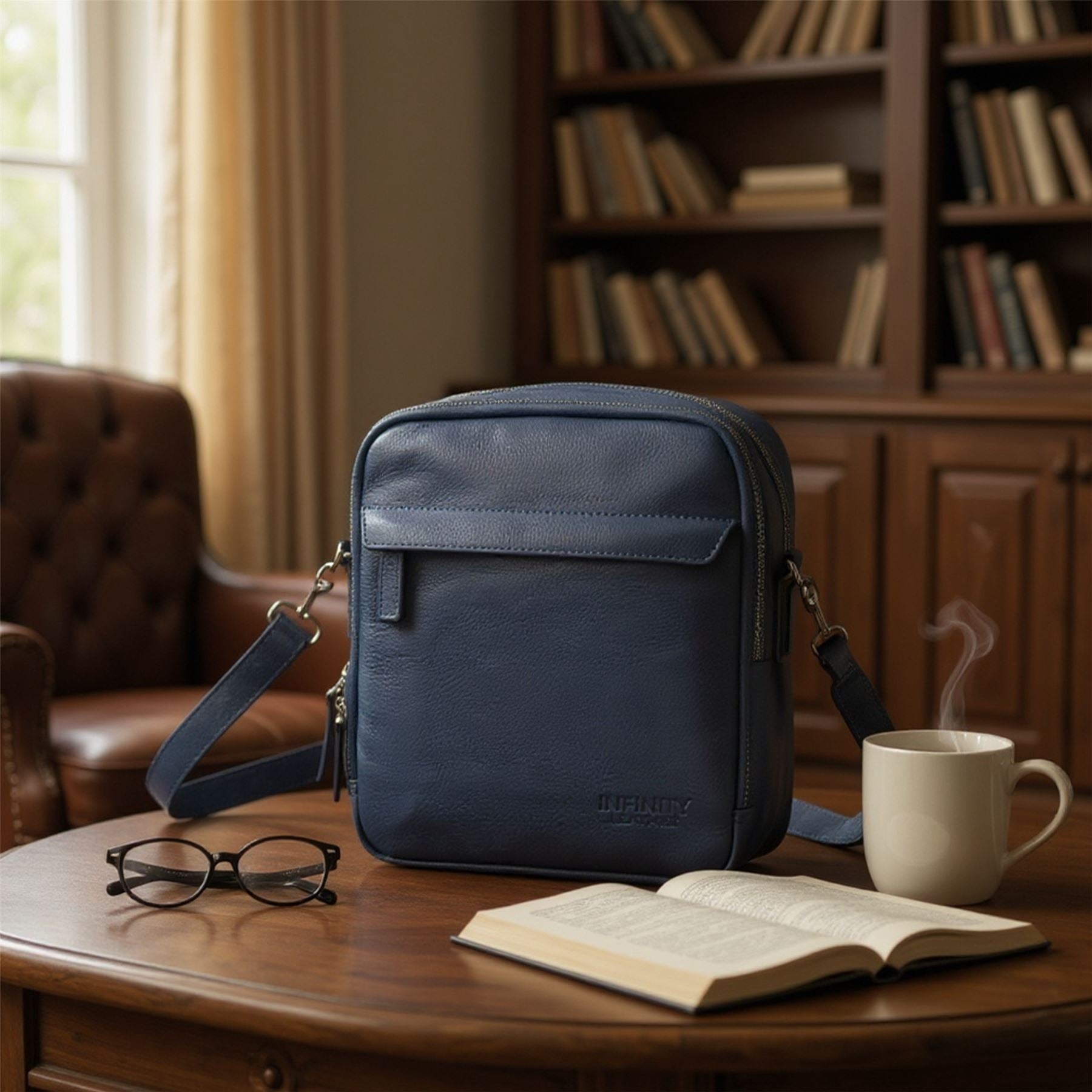 Genuine Leather Navy Vintage Messenger Crossbody Travel Bag - Hawthrone