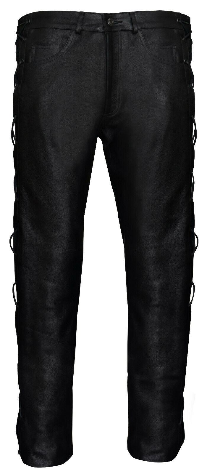 Mens Laced CowHide Leather Biker Jeans-Halesworth - Upperclass Fashions 