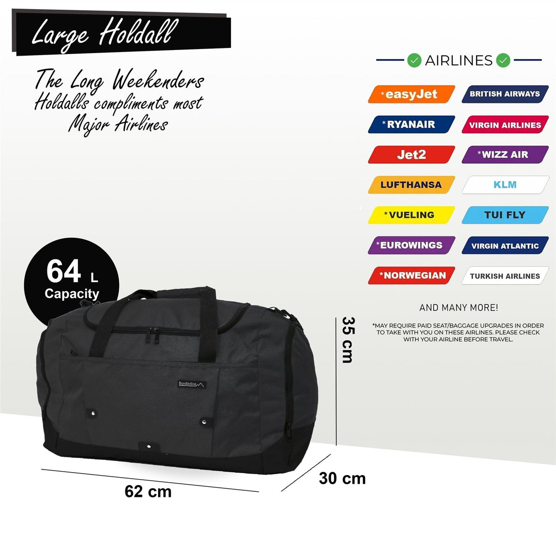 Extra Large Duffel Weekend Holdall Carry-On Cabin Bag Gym Sports Travel Bag Black