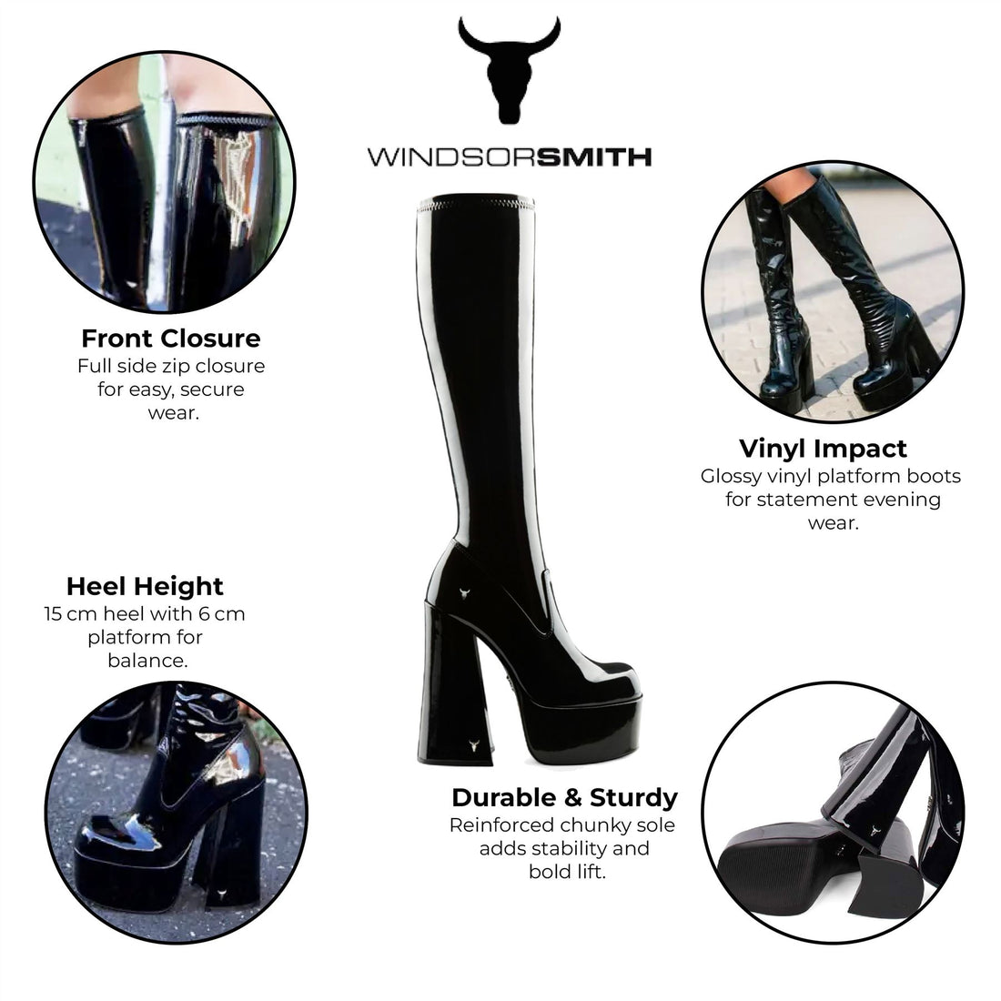 Windsorsmith Womens Black Knee-High Sock Platform Goth Heel Boots - Saucy