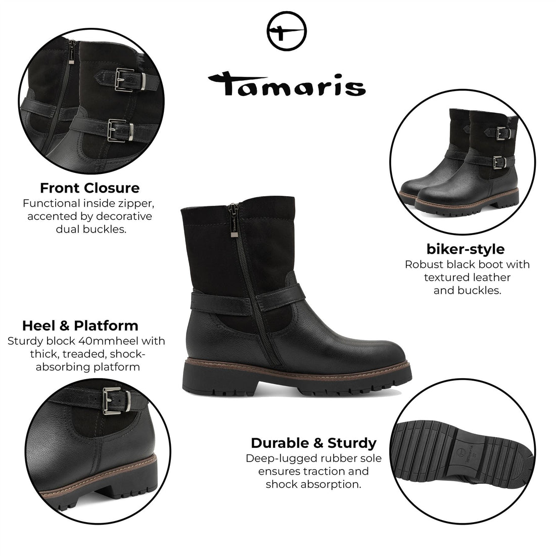 Tamaris Womens Winter Black Leather Buckle Zip Biker Ankle Boots
